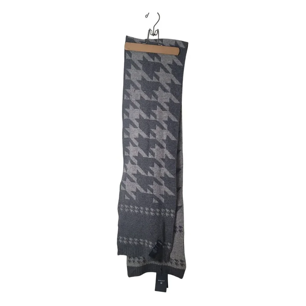 Gant Men's Houndstooth Scarf Gray 100% Lambswool Classic Winter Accessory